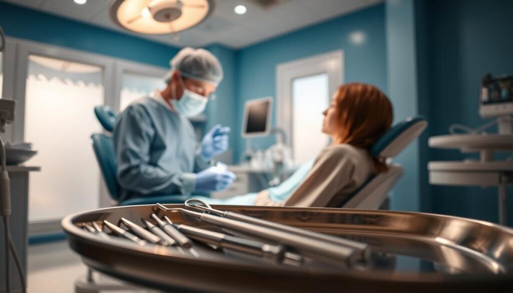 A detailed dental surgery scene focused on preventing periodontal disease through wisdom tooth extraction. In the foreground, a professional oral surgeon in a clean surgical gown and mask attentively works on a dental chair, carefully extracting a wisdom tooth from a patient. The patient, dressed in modest hospital attire, is relaxed under soft, warm lighting, creating a calm atmosphere. In the middle ground, surgical tools are neatly arranged on a stainless steel tray, reflecting the clinical environment. The background shows a modern dental clinic with blue and white color schemes, light streaming through frosted glass windows, enhancing the sanitary and professional feel of the space. The overall mood is reassuring and meticulous, emphasizing the importance of oral health and proactive dental care.