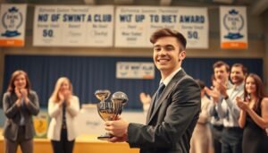 A distinguished swimming club’s annual award ceremony, showcasing a proud member receiving their award on stage. In the foreground, focus on the athlete, a young adult in professional business attire, smiling widely as they hold a trophy. In the middle ground, other club members applaud enthusiastically, some dressed in casual yet smart clothing, celebrating the achievement. The background features a decorated stage with banners highlighting the swimming club's achievements. Soft, warm lighting creates an uplifting atmosphere, emphasizing joy and recognition. Use a wide-angle perspective to capture the emotions of the attendees, ensuring a lively, celebratory mood that conveys the significance of honoring outstanding swimmers.