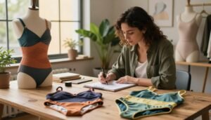 A stylish and innovative swimwear design concept presented in a modern studio environment. The foreground features elegant eco-friendly swimwear pieces, meticulously designed with sustainable materials, showcasing vibrant colors inspired by nature. In the middle, a designer is thoughtfully sketching ideas on a notepad, dressed in professional yet casual attire, symbolizing creativity and responsibility. The background shows large windows streaming warm, natural light, enhancing the cozy atmosphere, with potted plants adding a touch of greenery. The overall mood is both inspiring and reflective of a commitment to environmental sustainability in fashion, with a cinematic quality in the soft lighting and a focus on the intricate details of the materials used. The composition is balanced, inviting the viewer to appreciate both the artistry and the eco-conscious philosophy behind the designs.