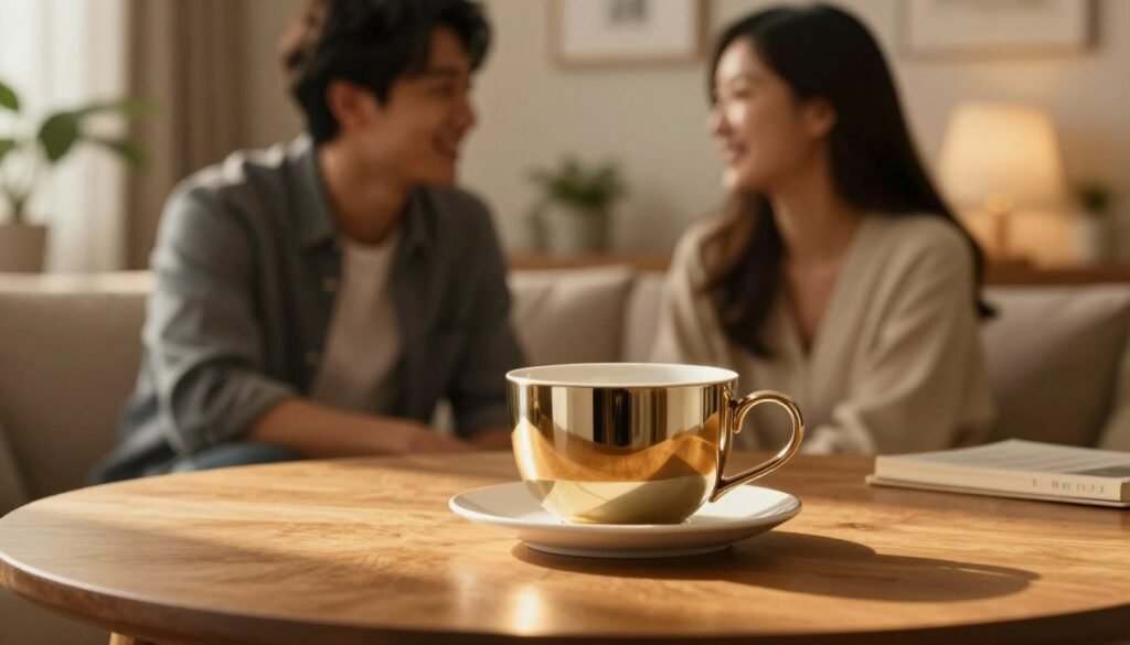 A cozy and intimate scene showcasing a modern, sleek flying cup designed to enhance life quality, placed elegantly on a soft, wooden table. In the foreground, the cup gleams under warm, golden lighting, reflecting a sense of comfort and innovation. In the middle ground, a couple dressed in casual yet professional attire shares a relaxed moment, smiling and enjoying each other's company, suggesting a positive impact on their lives. The background features a softly lit, tastefully decorated living space, with plants and warm colors that evoke a sense of tranquility. The overall mood is romantic and inviting, with a cinematic vibe that emphasizes their connection and improved living quality. 4:3 aspect ratio.
