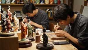 An artistic showcase of the intricate craftsmanship involved in producing high-quality Japanese figurines, highlighting the unique characteristics that define them. The foreground features beautifully crafted models displayed on elegant wooden pedestals, showcasing intricate details and vibrant colors. In the middle ground, skilled artisans in professional attire are seen at work, focusing on delicate carving and painting techniques, illuminated by warm, soft lighting that enhances the rich textures of the materials. The background includes shelves filled with various tools and completed pieces, creating an atmosphere of creativity and dedication. The overall mood conveys a sense of intimacy and artistry, capturing the passion behind the craft. The composition is framed in a cinematic 4:3 aspect ratio, emphasizing the beauty of the craftsmanship.