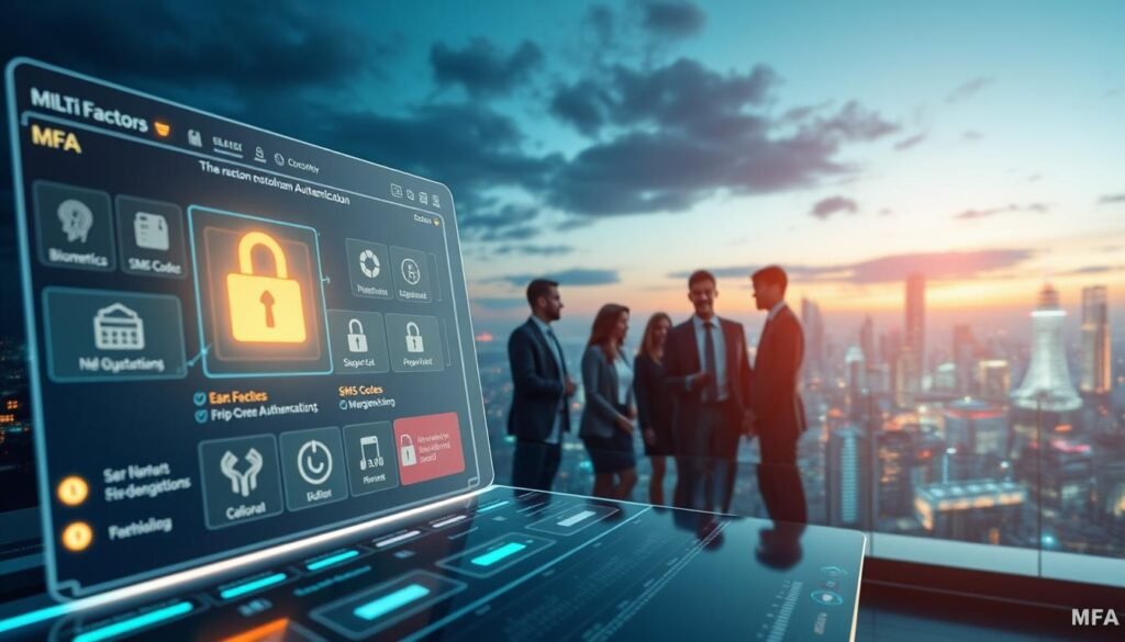A futuristic digital landscape representing the concept of Multi-Factor Authentication (MFA) in the gaming industry. In the foreground, a sleek, modern interface displays multiple layers of security options like biometrics, SMS codes, and security questions, visually depicted as glowing icons overlaying a user-friendly dashboard. The middle ground features a diverse group of professionals in business attire, collaborating around a high-tech computer setup, emphasizing teamwork in implementing MFA technologies. The background shows a vibrant city skyline at dusk, with dynamic lighting creating an atmosphere of innovation and security. Use a wide-angle lens effect to enhance depth and realism, with soft blue and green hues to convey a sense of trust and technological advancement. The overall mood should be optimistic and forward-thinking, encapsulating the essence of MFA in enhancing account protection within the entertainment industry.