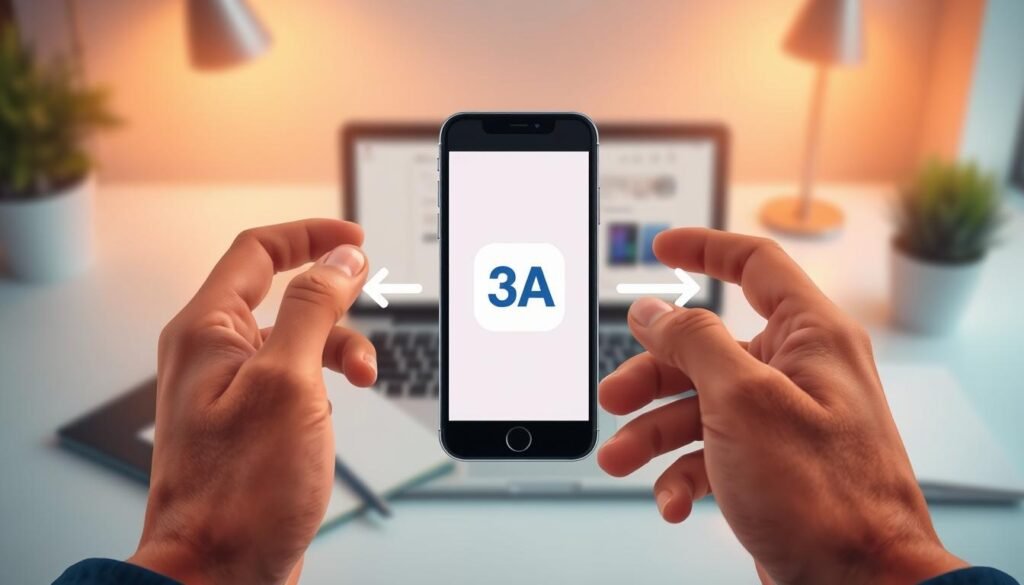 A professional and informative illustration of the download steps for the "3A" mobile application. In the foreground, display a sleek smartphone with the 3A app icon prominently featured on the screen, surrounded by hands demonstrating the tap and download actions. In the middle, include visual elements like a progress bar and app store interface, displaying the download process as a sequence. The background should feature a clean and modern workspace, with a soft-focus view of a laptop and notepad, suggesting productivity. Use warm, inviting lighting that creates a sense of focus and clarity. The image should capture an atmosphere of efficiency and tech-savvy engagement, emphasizing the steps necessary to successfully download the 3A app.