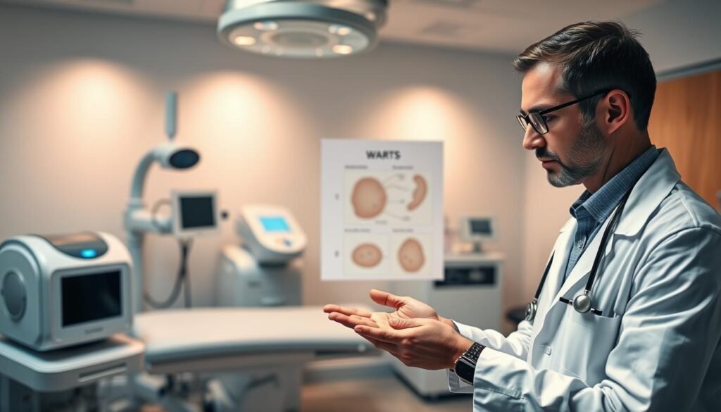 A professional medical scene illustrating an expert consultation on the efficacy of cryotherapy and laser treatment for warts. In the foreground, a healthcare professional in a lab coat examines a patient's hand, pointing to a diagram of skin healing. The middle ground features detailed medical instruments and technology, such as a cryotherapy device and a laser therapy machine, set against a clean, clinical examination room backdrop with soft, diffused lighting. The atmosphere is serious yet reassuring, emphasizing the importance of professional care and advice. Include subtle hints of a calming color palette to convey an environment of trust and healing without any distractions or text elements.