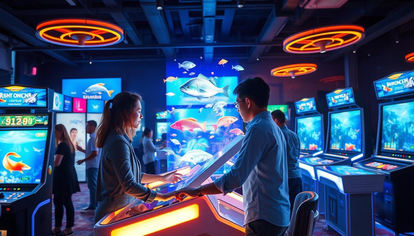 A stunning visual showcasing the innovative "3A" motion feedback technology in gaming. In the foreground, a dynamic scene featuring a modern arcade setup with a sleek, illuminated fishing game machine, showcasing multiple touch points with players engaged in an immersive experience. The players, dressed in smart casual attire, exhibit expressions of excitement and concentration as they interact with the game. In the middle ground, vivid holographic graphics representing fish and underwater environments spring to life around the machine, highlighting the advanced tactile feedback technology. In the background, a dimly lit arcade ambiance filled with colorful lights and digital screens enhances the atmosphere. The lighting should be dramatic, spotlighting the game while creating shadows that evoke a sense of depth and intrigue. The angle should be slightly above eye level, capturing both the players’ interaction and the immersive game interface.