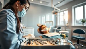 A clean, modern dental clinic interior showcasing a professional dental hygienist performing a teeth cleaning procedure on a patient seated in a dental chair. The foreground features the hygienist in professional attire, focused and using advanced dental tools, emphasizing care and expertise. The middle ground displays a well-organized and sanitized workspace with dental instruments and tools neatly arranged on a tray. In the background, there are bright, warm lights illuminating the space, with large windows letting in natural light, contributing to a welcoming atmosphere. The overall mood is calm and reassuring, highlighting the professionalism and health benefits of specialized teeth cleaning services, specifically targeting stains from smoking and tea.