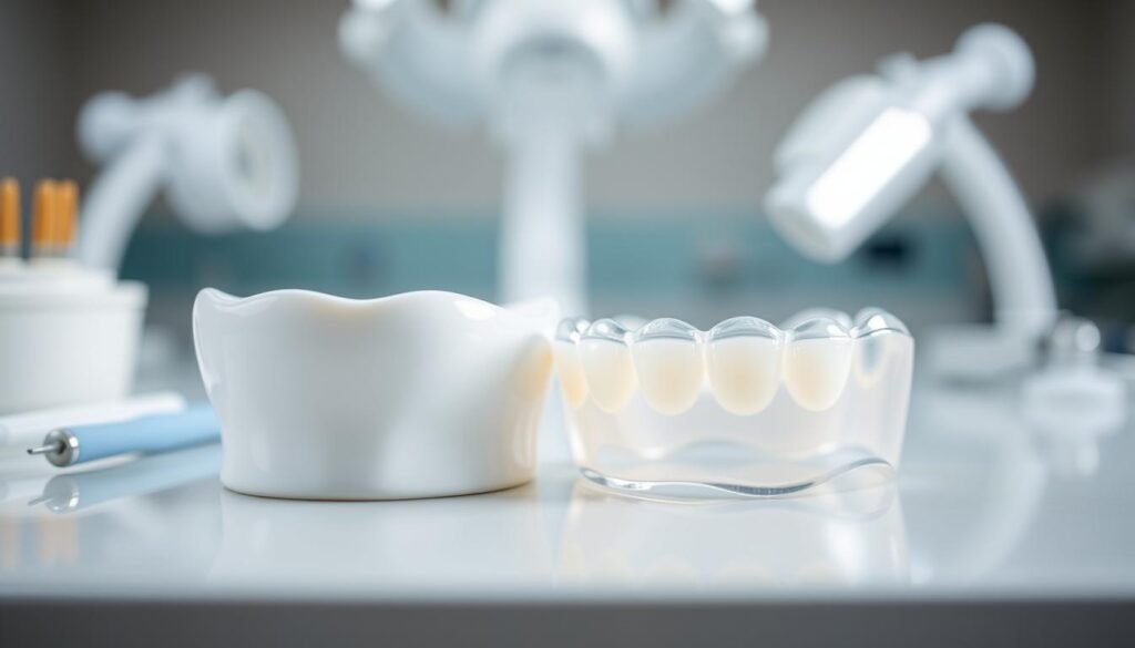 A close-up view of a ceramic dental crown alongside a night guard used to prevent bruxism. In the foreground, the shiny, polished surface of the all-ceramic crown should be detailed, showcasing its translucency and smooth contours. Place the night guard beside it, highlighting its soft, flexible material and custom fit. In the middle background, a soft, blurred dental clinic setting can be suggested, with tools and equipment subtly visible. The lighting should be bright and even, emphasizing the high quality of the dental materials, with a slight reflection on the crown. The overall mood is clinical and informative, inviting the viewer to understand the importance of choosing the right dental appliances. The angle should be slightly above the objects for a clear perspective, capturing their relationship. A close-up view of a ceramic dental crown alongside a night guard used to prevent bruxism. In the foreground, the shiny, polished surface of the all-ceramic crown should be detailed, showcasing its translucency and smooth contours. Place the night guard beside it, highlighting its soft, flexible material and custom fit. In the middle background, a soft, blurred dental clinic setting can be suggested, with tools and equipment subtly visible. The lighting should be bright and even, emphasizing the high quality of the dental materials, with a slight reflection on the crown. The overall mood is clinical and informative, inviting the viewer to understand the importance of choosing the right dental appliances. The angle should be slightly above the objects for a clear perspective, capturing their relationship.