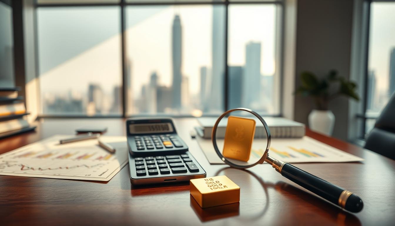 A detailed financial analysis scene depicting the concept of "one tael of gold" in New Taiwan Dollars. In the foreground, a polished wooden desk covered with financial reports and charts showcasing gold prices against the Taiwan Weighted Index. In the middle, an elegant calculator and a magnifying glass placed over a gold bullion, representing investment valuation. In the background, softly blurred images of skyscrapers symbolizing economic stability, with a large window allowing natural light to flood the scene, casting gentle shadows. The mood is professional and analytical, conveying a sense of calm and focus, suitable for a financial expert evaluating market trends in a contemporary office setting.