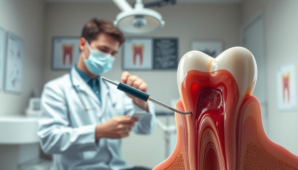 A detailed illustration depicting the symptoms of periapical abscess caused by root canal failure. In the foreground, a close-up view of a tooth with visible inflammation around the root apex, showcasing red and swollen gum tissue. In the middle ground, a dentist examining the tooth using a dental tool, dressed in professional attire, focusing on diagnosis and treatment. The background features a dental clinic environment with medical equipment and diagrams of root canal anatomy on the walls. Soft, diffused lighting creates a clinical yet calm atmosphere, emphasizing professionalism and care in dental treatment. The image should evoke a sense of urgency and clarity regarding dental health while remaining visually informative.