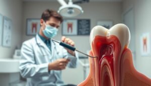 A detailed illustration depicting the symptoms of periapical abscess caused by root canal failure. In the foreground, a close-up view of a tooth with visible inflammation around the root apex, showcasing red and swollen gum tissue. In the middle ground, a dentist examining the tooth using a dental tool, dressed in professional attire, focusing on diagnosis and treatment. The background features a dental clinic environment with medical equipment and diagrams of root canal anatomy on the walls. Soft, diffused lighting creates a clinical yet calm atmosphere, emphasizing professionalism and care in dental treatment. The image should evoke a sense of urgency and clarity regarding dental health while remaining visually informative.