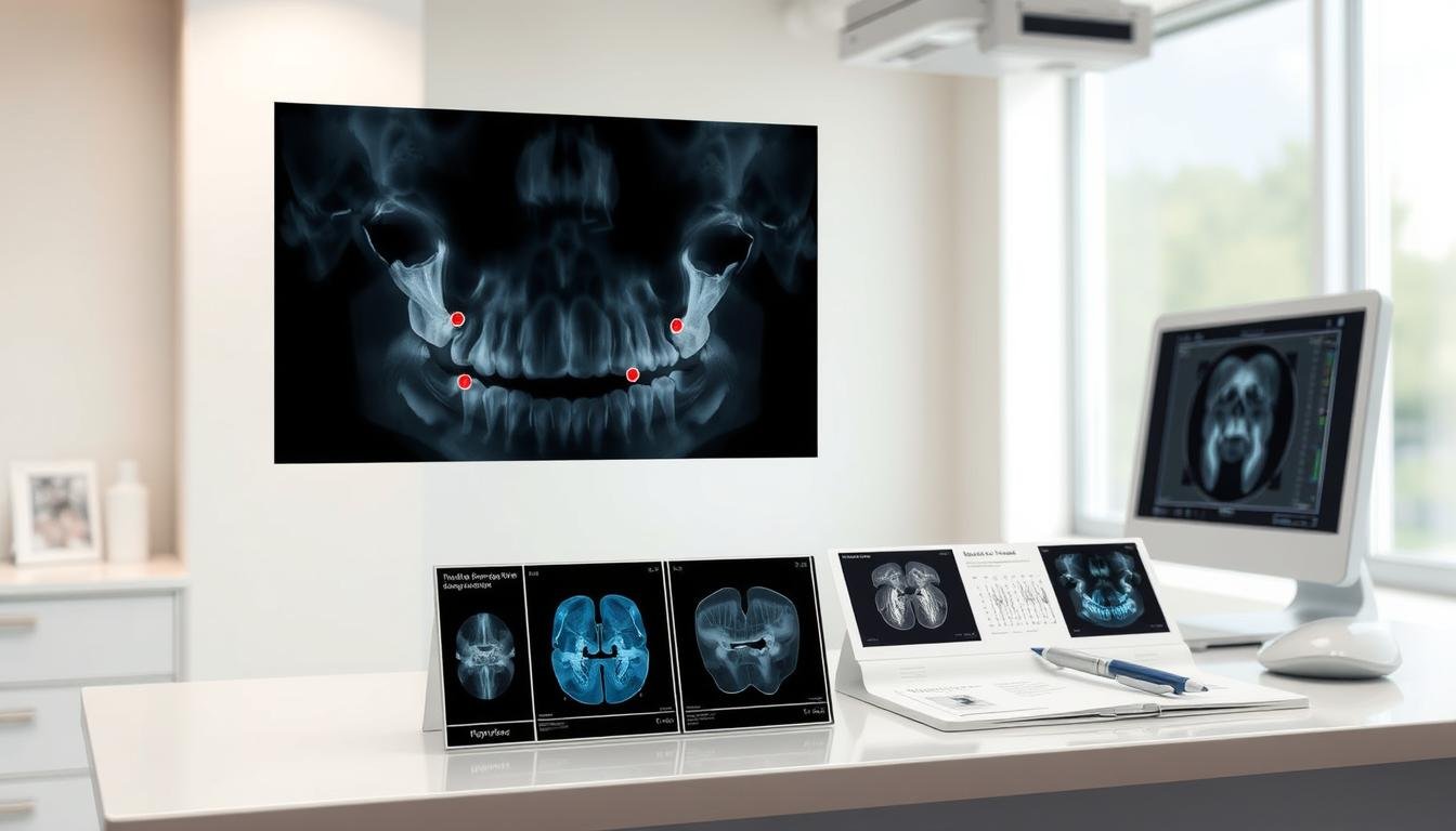 A detailed medical illustration depicting the results of wisdom tooth surgery-related imaging scans, showcasing various types of diagnostic images such as X-rays and 3D scans. In the foreground, a large, clear X-ray image highlights impacted wisdom teeth, with annotations pointing to areas of concern. The middle ground features additional imaging thumbnails, possibly including dental scans and diagrams, arranged neatly on a doctor's desk. The background simulates a bright, modern dental clinic environment with soft, natural lighting to convey a sense of professionalism and trust. The overall mood is informative and clinical, designed for educational purposes without any human figures, ensuring a clean, focused presentation of medical data.