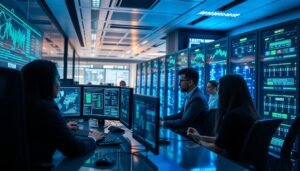 A dynamic visualization of advanced cybersecurity measures orchestrated by a professional team. In the foreground, a diverse group of cybersecurity experts, dressed in smart business attire, work intently at computer screens displaying complex network graphs and security protocols. In the middle ground, sophisticated server racks and digital displays glow with vibrant blue and green lights, illustrating real-time data processing and threat management. The background features a high-tech office environment, with sleek lines and an atmosphere of urgency and focus, bathed in soft, cool lighting. The overall mood conveys professionalism and determination in combating cyber threats, emphasizing cutting-edge technology and teamwork in the fight against ransomware attacks.