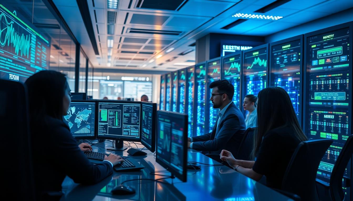 A dynamic visualization of advanced cybersecurity measures orchestrated by a professional team. In the foreground, a diverse group of cybersecurity experts, dressed in smart business attire, work intently at computer screens displaying complex network graphs and security protocols. In the middle ground, sophisticated server racks and digital displays glow with vibrant blue and green lights, illustrating real-time data processing and threat management. The background features a high-tech office environment, with sleek lines and an atmosphere of urgency and focus, bathed in soft, cool lighting. The overall mood conveys professionalism and determination in combating cyber threats, emphasizing cutting-edge technology and teamwork in the fight against ransomware attacks.