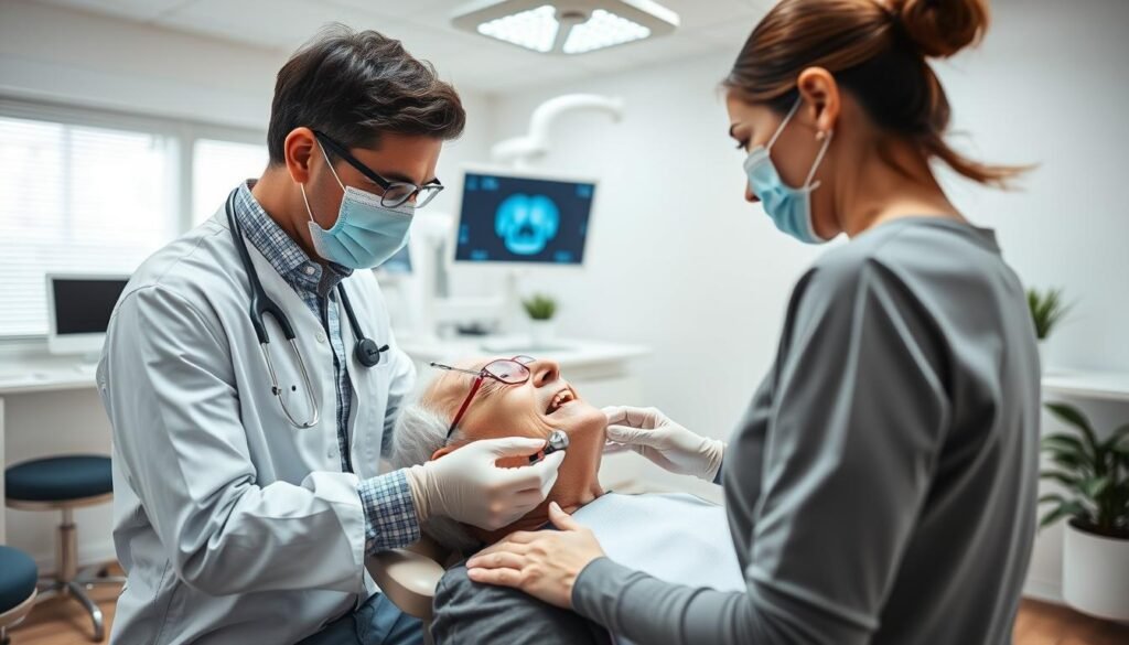 A modern dental clinic interior focused on the dental implant procedure. In the foreground, a skilled dentist in professional attire is carefully placing a dental implant into the jaw of an elderly patient, who appears relaxed and comfortable in the dental chair. The dentist's assistant stands nearby, ready with instruments, ensuring a smooth workflow. The middle ground features dental equipment, including advanced imaging technology and sterilization tools. The background showcases a clean, bright, and inviting clinic environment with soft lighting, white walls, and plants for a calming effect. The atmosphere is professional yet warm, emphasizing safety and efficiency in the implant process while highlighting the clinic's commitment to oral health.