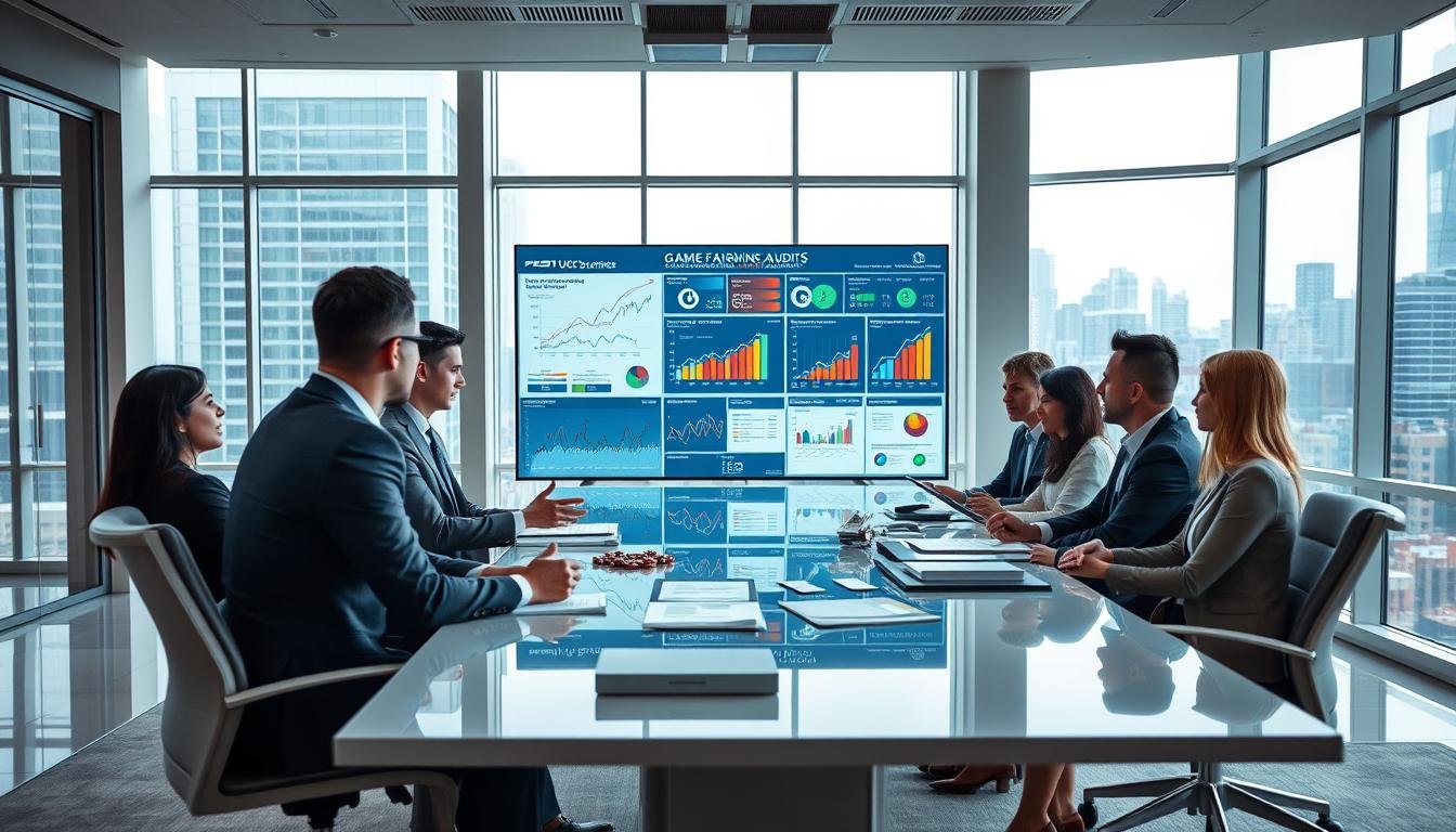 A modern office environment representing a gaming oversight committee, focusing on integrity and fairness. In the foreground, a diverse group of professionals in business attire, engaging in a collaborative meeting around a sleek conference table filled with reports and digital devices. The middle ground features a large digital screen displaying data visualizations and charts related to game fairness audits. The background showcases floor-to-ceiling windows with city views, creating an atmosphere of transparency and professionalism. The lighting is bright and neutral, enhancing the clarity of the scene. Capture a sense of serious commitment and teamwork, symbolizing the independent auditing mechanisms of UG娛樂城.