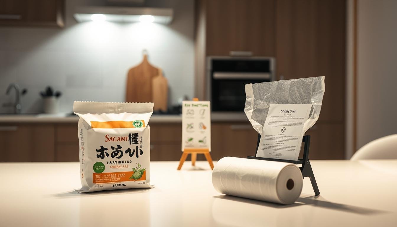 A neat and professional demonstration of how to properly wrap a Sagami Original package for disposal, emphasizing hygiene and odor prevention. In the foreground, a pristine, opened Sagami Original package sits next to a roll of eco-friendly wrapping material, demonstrating the wrapping technique. The middle ground features a clean, well-organized table, with disposal instructions printed clearly on a small stand. In the background, a softly lit, modern kitchen can be seen, enhancing the atmosphere of cleanliness and hygiene. The lighting is bright yet soft, evoking a sense of calm and professionalism. The image captures the importance of responsible disposal methods while maintaining an aesthetically pleasing and organized environment.