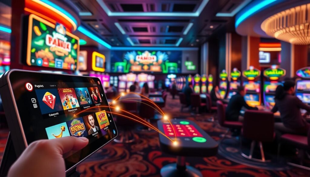 A vibrant, dynamic scene illustrating the seamless transition of gaming experiences within UG Entertainment City. In the foreground, depict a sleek touchscreen device displaying various gaming options, such as slots, sports betting, and live dealer games, all visually interconnected by glowing lines symbolizing fluid movement of points. In the middle ground, include a stylish gaming lounge filled with players in professional attire engaging with the games on large screens, showcasing excitement and concentration. The background features an ambient, modern casino atmosphere with soft, colorful lighting creating a welcoming mood. Use a wide-angle perspective to capture the depth and connectivity of the gaming environment, with a focus on the high-tech, user-friendly elements of the platform.