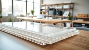 A collection of flat polycarbonate sheets arranged neatly on a modern workspace. The foreground features a close-up view of the transparent sheets, showcasing their smooth, glossy surfaces and light refracting through them. In the middle ground, slightly blurred, is a stylish, well-lit office setting with a subtle wood grain desk. The background reveals shelves filled with architectural models and sound insulation materials, hinting at their application. Soft, natural lighting streams through large windows, creating a calm, professional atmosphere. The lens angle is slightly tilted to emphasize the thickness and durability of the polycarbonate sheets, highlighting their suitability for noise reduction. No text or distractions present.