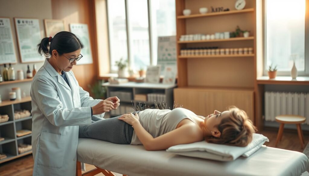 A serene acupuncture treatment scene set in a modern Hong Kong traditional Chinese medicine clinic. In the foreground, a skilled practitioner, dressed in a crisp white lab coat, skillfully administers acupuncture needles to a relaxed patient, who wears modest casual clothing, lying comfortably on a treatment table. The patient's face reflects tranquility. In the middle ground, shelves filled with herbal remedies and acupuncture charts adorn the walls, showcasing the integration of ancient practices with modern techniques. The background features large windows with soft, natural light streaming in, casting warm tones throughout the room. The atmosphere exudes a sense of calm and healing, emphasizing the effectiveness of acupuncture in weight management and overall wellness, with a slight blur effect to create a focus on the treatment.