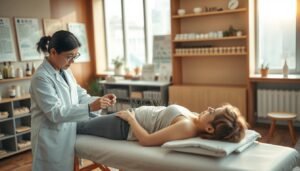 A serene acupuncture treatment scene set in a modern Hong Kong traditional Chinese medicine clinic. In the foreground, a skilled practitioner, dressed in a crisp white lab coat, skillfully administers acupuncture needles to a relaxed patient, who wears modest casual clothing, lying comfortably on a treatment table. The patient's face reflects tranquility. In the middle ground, shelves filled with herbal remedies and acupuncture charts adorn the walls, showcasing the integration of ancient practices with modern techniques. The background features large windows with soft, natural light streaming in, casting warm tones throughout the room. The atmosphere exudes a sense of calm and healing, emphasizing the effectiveness of acupuncture in weight management and overall wellness, with a slight blur effect to create a focus on the treatment.