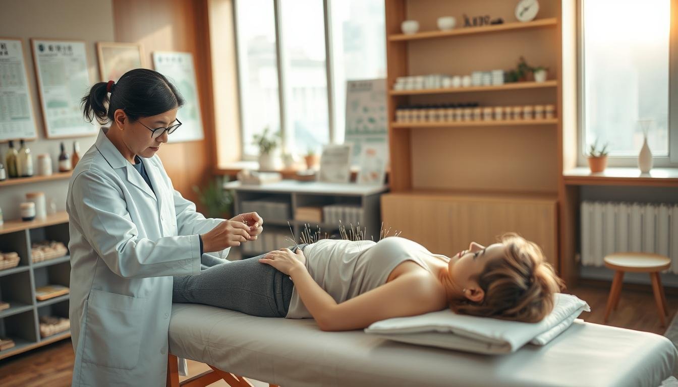 A serene acupuncture treatment scene set in a modern Hong Kong traditional Chinese medicine clinic. In the foreground, a skilled practitioner, dressed in a crisp white lab coat, skillfully administers acupuncture needles to a relaxed patient, who wears modest casual clothing, lying comfortably on a treatment table. The patient's face reflects tranquility. In the middle ground, shelves filled with herbal remedies and acupuncture charts adorn the walls, showcasing the integration of ancient practices with modern techniques. The background features large windows with soft, natural light streaming in, casting warm tones throughout the room. The atmosphere exudes a sense of calm and healing, emphasizing the effectiveness of acupuncture in weight management and overall wellness, with a slight blur effect to create a focus on the treatment.