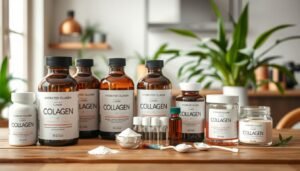 A visually appealing comparison of collagen products, featuring a variety of bottles and containers in an organized layout. In the foreground, showcase high-quality hydrolyzed collagen supplements with sleek, modern packaging—some clear and some frosted, displaying their contents. In the middle ground, set a wooden table with small vials and scoops to highlight the different forms of collagen available, such as powders and liquids. The background fades softly with a blurred image of an elegant, well-lit kitchen or a wellness space filled with green plants, implying health and vitality. Natural daylight filters through a window, creating a warm and inviting atmosphere. The composition should feel clean and professional, inviting the viewer to explore the benefits of collagen.