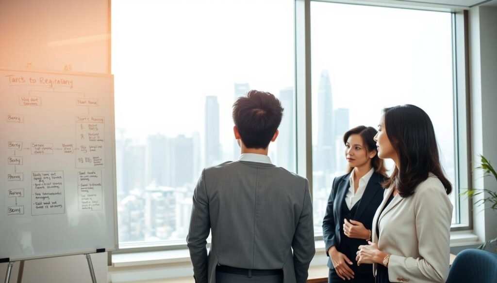 A well-organized office space in Hong Kong, showcasing the steps to starting a company. In the foreground, a diverse group of three professionals—two women and one man—are engaged in a discussion, all dressed in professional business attire. The middle ground features a large, clear whiteboard with flowcharts and checklists outlining the steps for company registration. In the background, the iconic Hong Kong skyline can be seen through a large window, bathed in natural sunlight. Soft, ambient lighting creates a warm atmosphere, suggesting productivity and collaboration. The camera angle is slightly raised to capture both the professionals and the background skyline, emphasizing the connection between business and the vibrant city. The image conveys a sense of focus, efficiency, and professionalism.