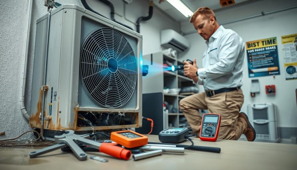 A professional air conditioning technician in a crisp white shirt and khaki pants is assessing a residential AC unit, surrounded by visible condensation and water pooling at the base. In the foreground, tools like wrenches and a multimeter are neatly arranged. In the middle ground, the technician is focused, examining the unit with a flashlight, emphasizing the technical task at hand. The background shows a neatly organized workshop, with functional air conditioning parts and posters about maintenance tips on the walls. Bright, even lighting illuminates the scene, conveying a sense of reliability and professionalism. The mood is serious yet calm, reflecting the importance of prompt air conditioning repair.
