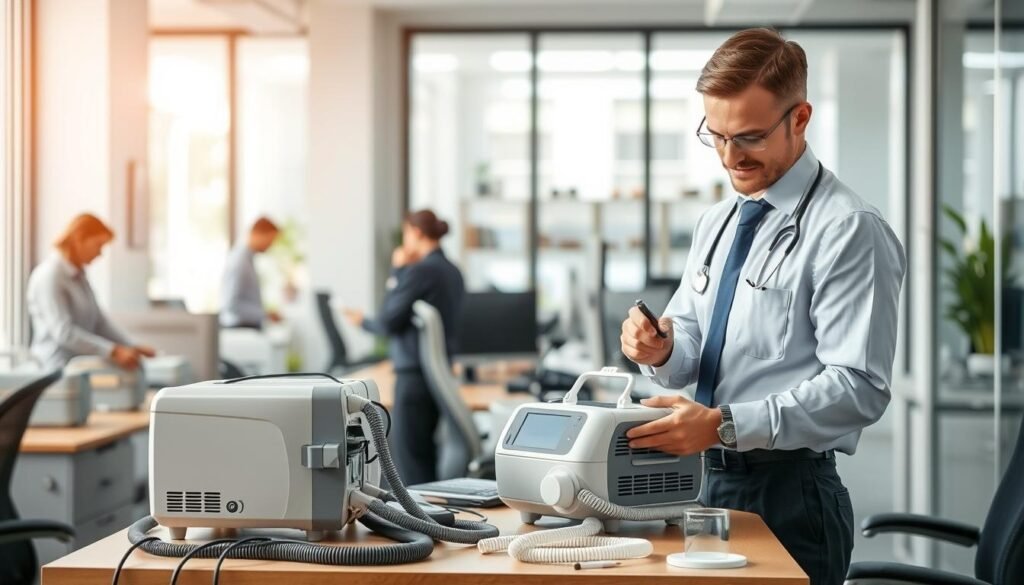 A professional office setting showcasing a well-organized CPAP maintenance area. In the foreground, a knowledgeable technician in a smart uniform is inspecting a CPAP machine, using tools and equipment efficiently. The middle layer includes a desktop with various CPAP devices and spare parts, highlighting the efficiency of the repair service. The background features a clean, modern office environment with soft, natural lighting filtering through large windows, creating a welcoming atmosphere. The scene conveys a sense of reliability and professionalism, with an emphasis on the responsive service offered by Good CPAP. There are no people in casual clothing; all attire is professional, and the image is free of any text or branding.
