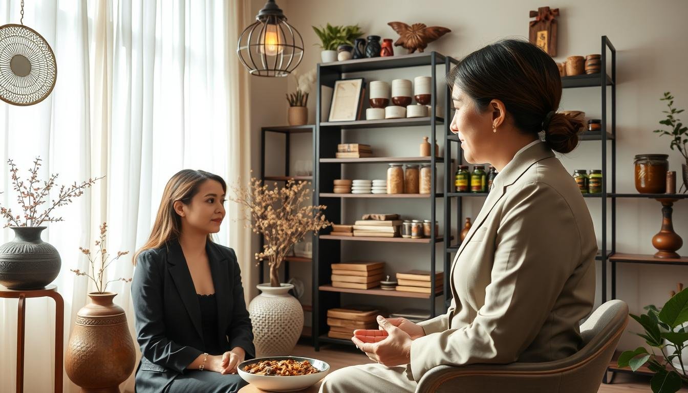 A serene and inviting setting representing a traditional Chinese medicine clinic in Sha Tin, focusing on hormone balancing therapy for women. In the foreground, a woman in professional attire consults with a healthcare practitioner, both engaged in a discussion over herbal remedies and wellness strategies. The middle ground should depict a calm consultation room adorned with Chinese medicinal herbs, elegant decorations, and natural light filtering through sheer curtains, creating a peaceful ambiance. In the background, a bookshelf filled with traditional medical texts and herbal jars adds depth. The lighting is soft and warm, emphasizing a welcoming atmosphere, while the camera angle is slightly elevated to capture the interaction and environment seamlessly.