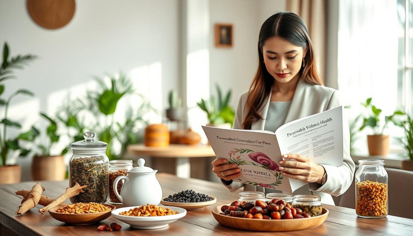 A serene and inviting wellness space dedicated to women's health, featuring a beautifully arranged table with herbal ingredients like ginseng, goji berries, and red dates. In the foreground, a professional woman dressed in a modest, professional outfit examines a thoughtfully designed brochure on personalized gynecological care plans. In the middle ground, a calming tea set and glass jars filled with colorful herbs add warmth. The background features soft natural light streaming through a window, illuminating plants and calming decor that conveys a sense of tranquility and healing. The atmosphere feels nurturing and supportive, perfect for exploring personalized wellness options in gynecology.
