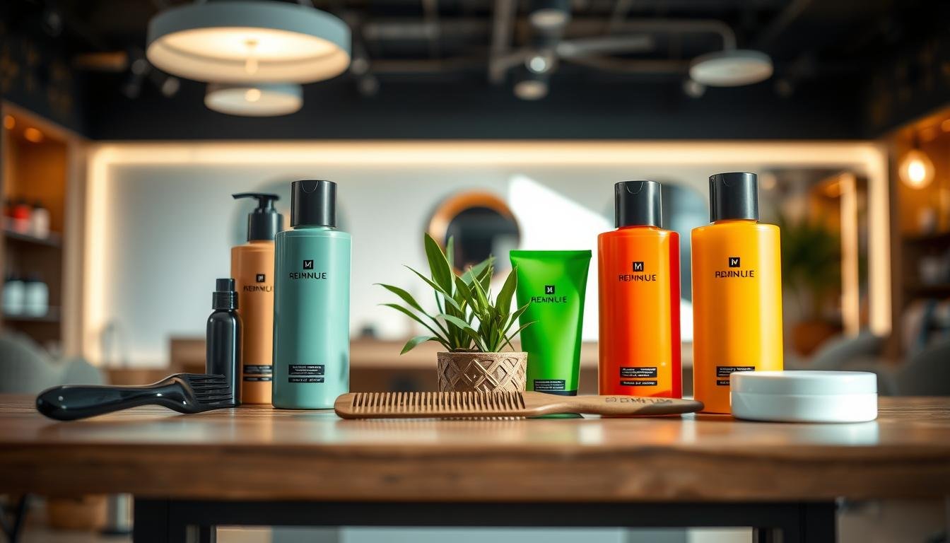 A stylish display of men's hair care products set against a well-lit backdrop to highlight their various forms and textures. In the foreground, there are vividly colored bottles of shampoo, conditioner, and styling cream, artfully arranged with a sleek comb and a small potted plant for a fresh touch. The middle section features an elegant wooden table with a softly diffused light creating an inviting atmosphere. The background is softly blurred to emphasize the products, with hints of a modern grooming salon subtly visible. Overall, the mood is professional yet approachable, perfect for attracting men interested in personal grooming. Natural lighting enhances the colors, and a slightly elevated angle gives a comprehensive view of the entire setup.