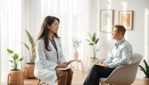 A serene therapeutic setting for anxiety treatment, featuring a cozy consultation room filled with soft, natural light filtering through sheer curtains. In the foreground, a compassionate psychiatrist, Dr. Leung, is attentively listening to a young adult patient dressed in professional attire, sitting comfortably on a modern chair. The psychiatrist has a supportive demeanor, holding a notepad with notes about personalized treatment plans. In the middle ground, there are calming elements like plants and soothing artwork on the walls. The atmosphere conveys tranquility and hope, emphasizing early intervention in anxiety disorders. The composition is balanced, with a warm color palette to evoke feelings of safety and reassurance. A neutral background suggests privacy and focus on the therapeutic process.