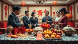 A beautifully arranged scene depicting a traditional Taiwanese wedding brimming with cultural elements. In the foreground, a table displaying various symbolic items related to the wedding process, such as gold jewelry, red envelopes, and ceremonial fruits, reflecting the concept of "聘金行情" (bride price market). In the middle ground, a group of well-dressed family members in professional attire engaged in a serious discussion, highlighting the different perspectives on the significance of dowries across various regions in Taiwan. The background shows a softly lit, elegant room decorated with red and gold motifs, symbolizing prosperity and good fortune. The overall mood is thoughtful and respectful, emphasizing the gravity of the topic, with soft natural lighting that enhances the warm ambiance. The angle is slightly above eye-level, capturing both the table and the discussion clearly.