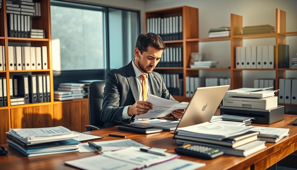 A professional accountant's office setting, illustrating the theme of "accounting services and financial transparency." In the foreground, a business professional in a neat suit, intently analyzing financial documents, with a laptop open displaying graphs and charts. In the middle, a large wooden desk cluttered with organized files, calculators, and a modern printer. The background features a wall of shelves filled with accounting books and binders, softly lit by natural light streaming through a window. The atmosphere is focused and serious, conveying a sense of trust and expertise, emphasizing the importance of compliant financial practices in business. Soft shadows and a warm color palette enhance the professionalism of the scene.